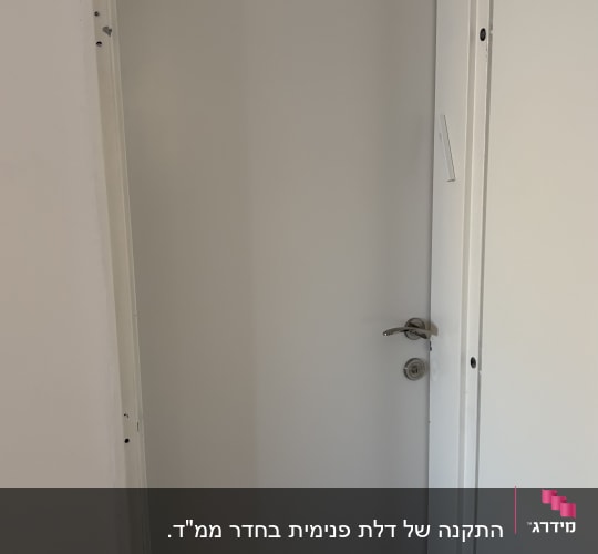דלת לבנה עם ידית כסופה מותקנת בקיר